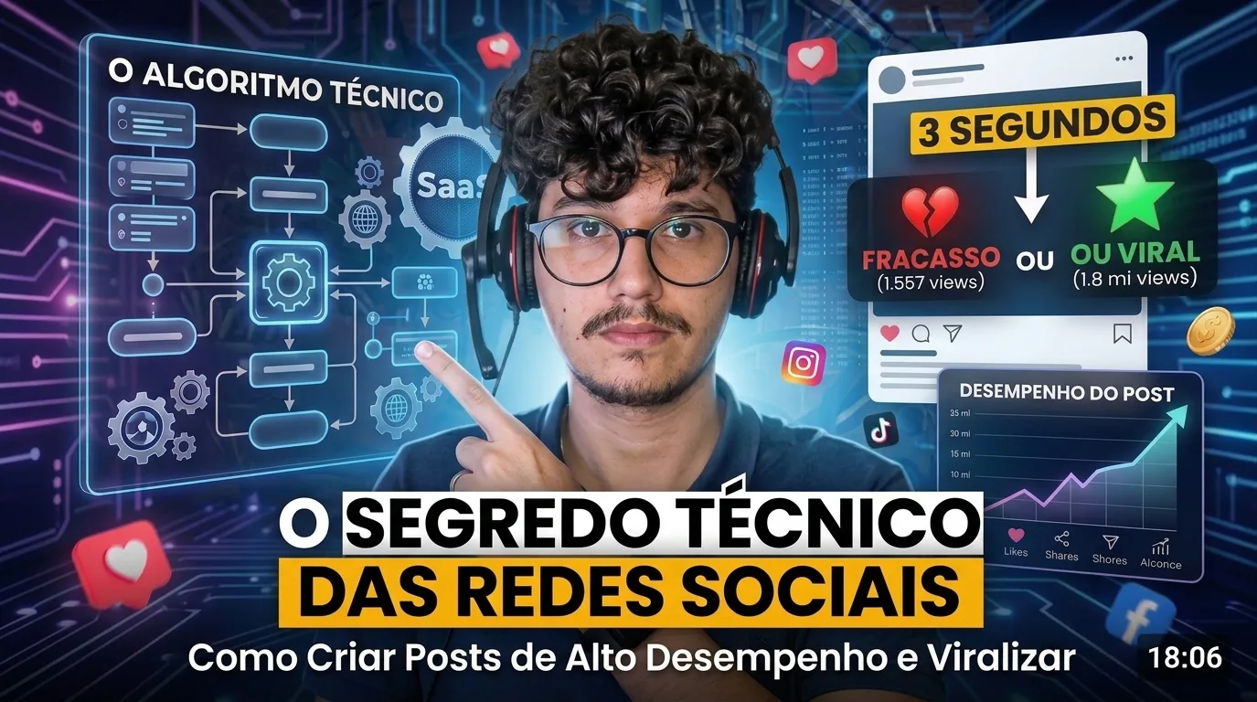 fundo com pareceres técnicos e imagens remetentes a tecnologia com um jovem ao centro e a legenda: o segredo técnico das redes sociais Como criar posts de alto desempenho e viralizar